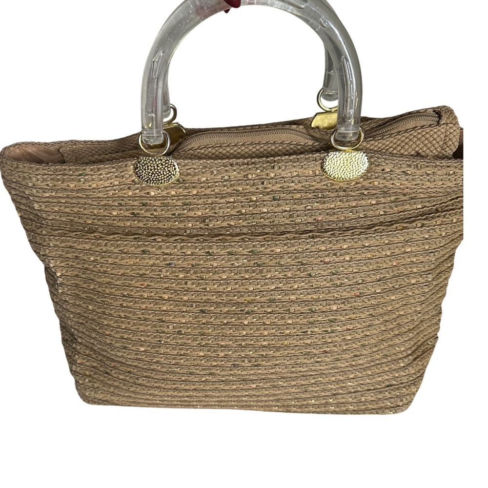 Vintage Made in Italy Woven Straw Handbag Tan Gold Metallic Lucite Handle Tote
